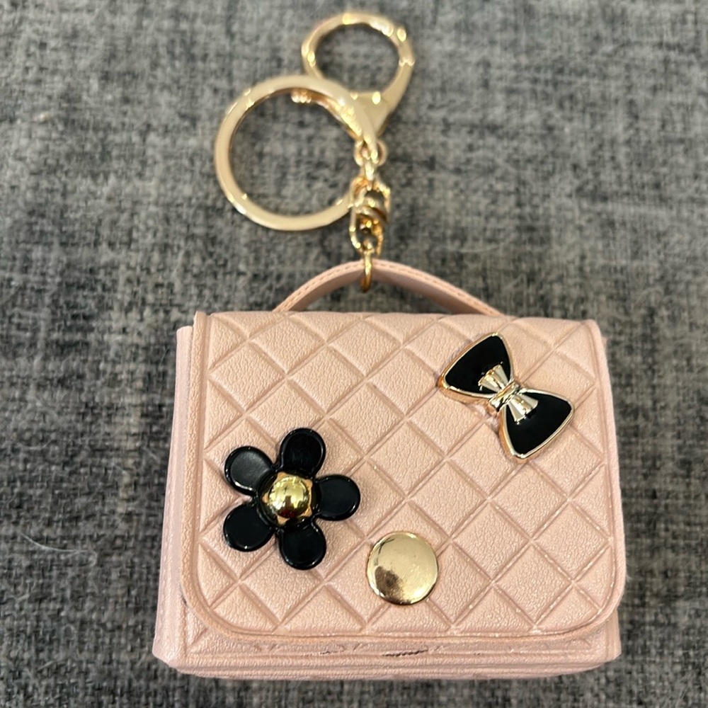 NWOT pink and black floral mini-purse bag charm/key chain. Opens and closes!